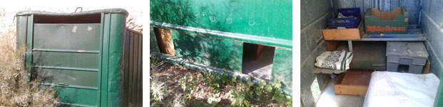 Detalle de un contenedor (sin uso) aprovechado como vivienda para gatos)